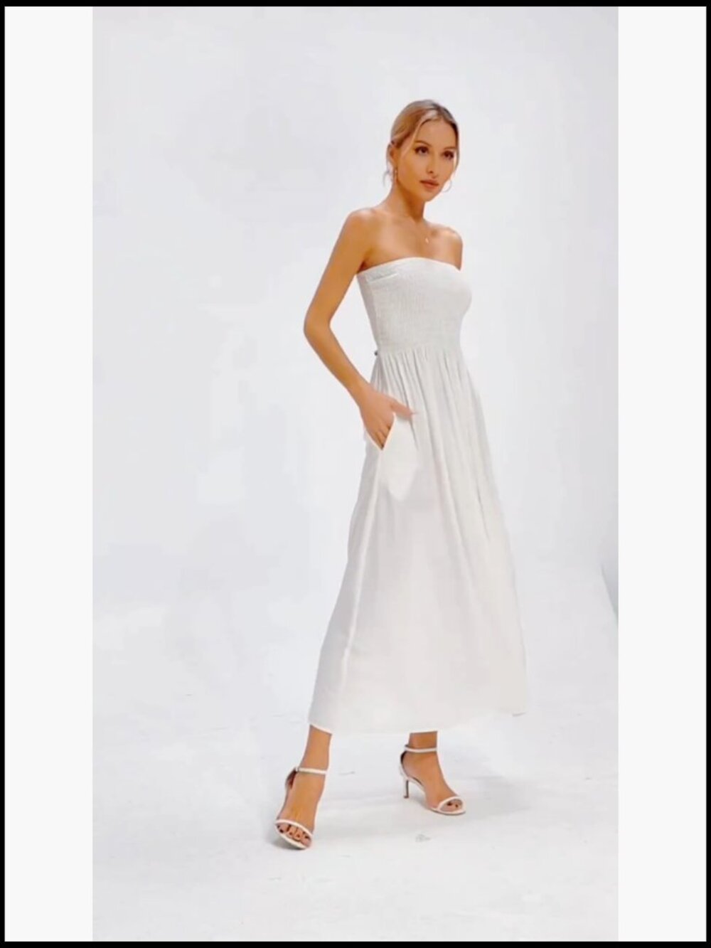 100% Cotton Strapless Maxi Dress with Pockets, Boho Swing Hem - Picture 7 of 7